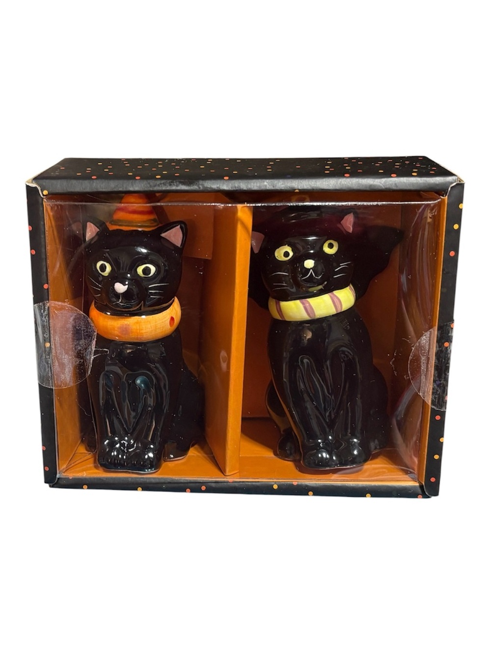 Ceramic 4” Set of Two Cats with Witch’s Hats Salt & Pepper Shakers NIB